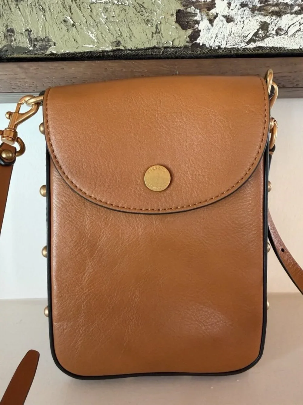 Rebecca Minkoff brown leather crossbody phone gold studded bag travel